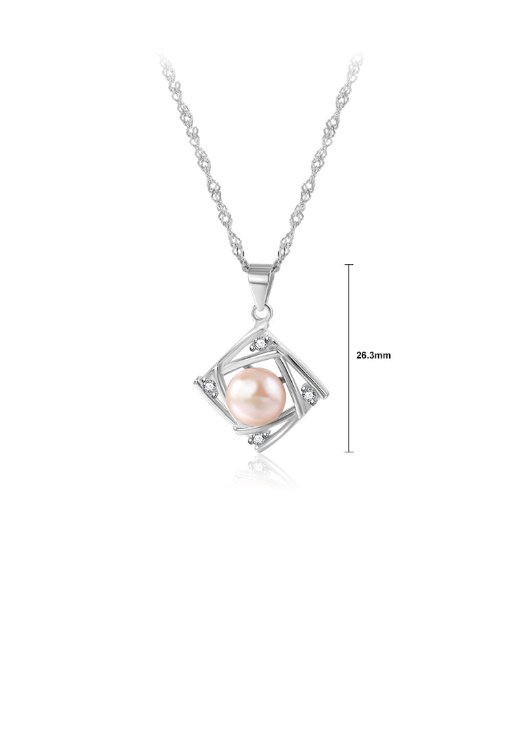 925 Sterling Silver Simple Fashion Geometric Rhombus Purple Freshwater Pearl Pendant with Cubic Zirconia and Necklace - Luxurious Look