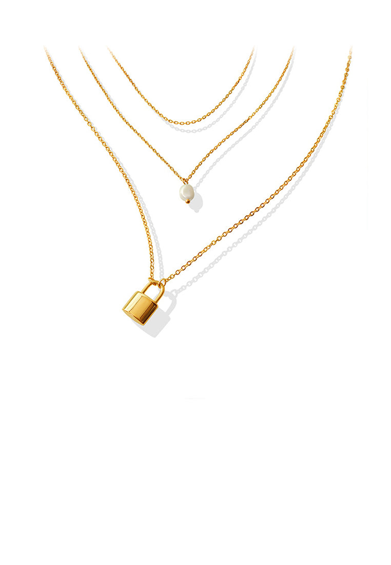 Fashion Simple Plated Gold 316L Stainless Steel Lock Pendant with Imitation Pearl and Three Layer Necklace - Luxurious Look