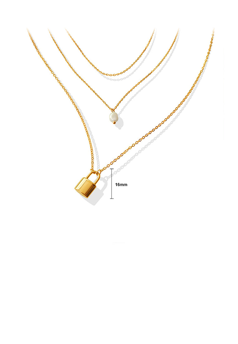 Fashion Simple Plated Gold 316L Stainless Steel Lock Pendant with Imitation Pearl and Three Layer Necklace - Luxurious Look