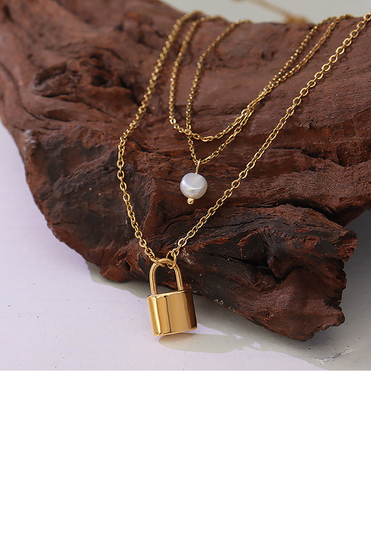 Fashion Simple Plated Gold 316L Stainless Steel Lock Pendant with Imitation Pearl and Three Layer Necklace - Luxurious Look