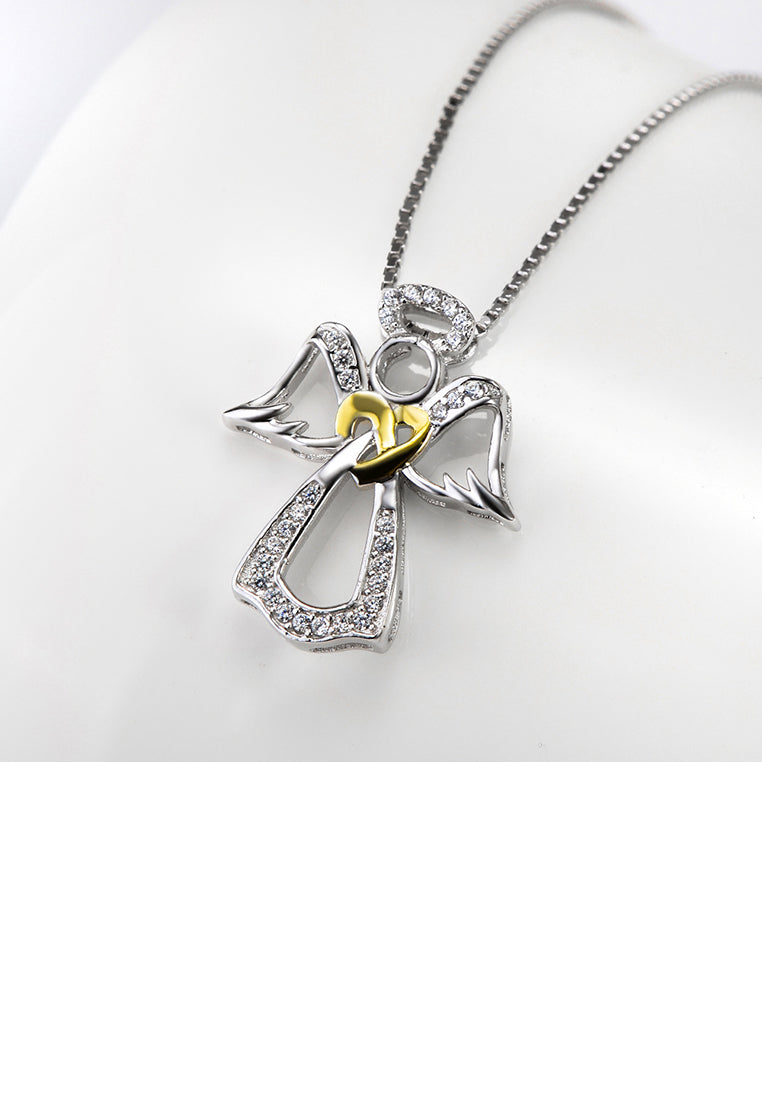 925 Sterling Silver Fashion Temperament Golden Heart-shaped Angel Pendant with Cubic Zirconia and Necklace - Luxurious Look