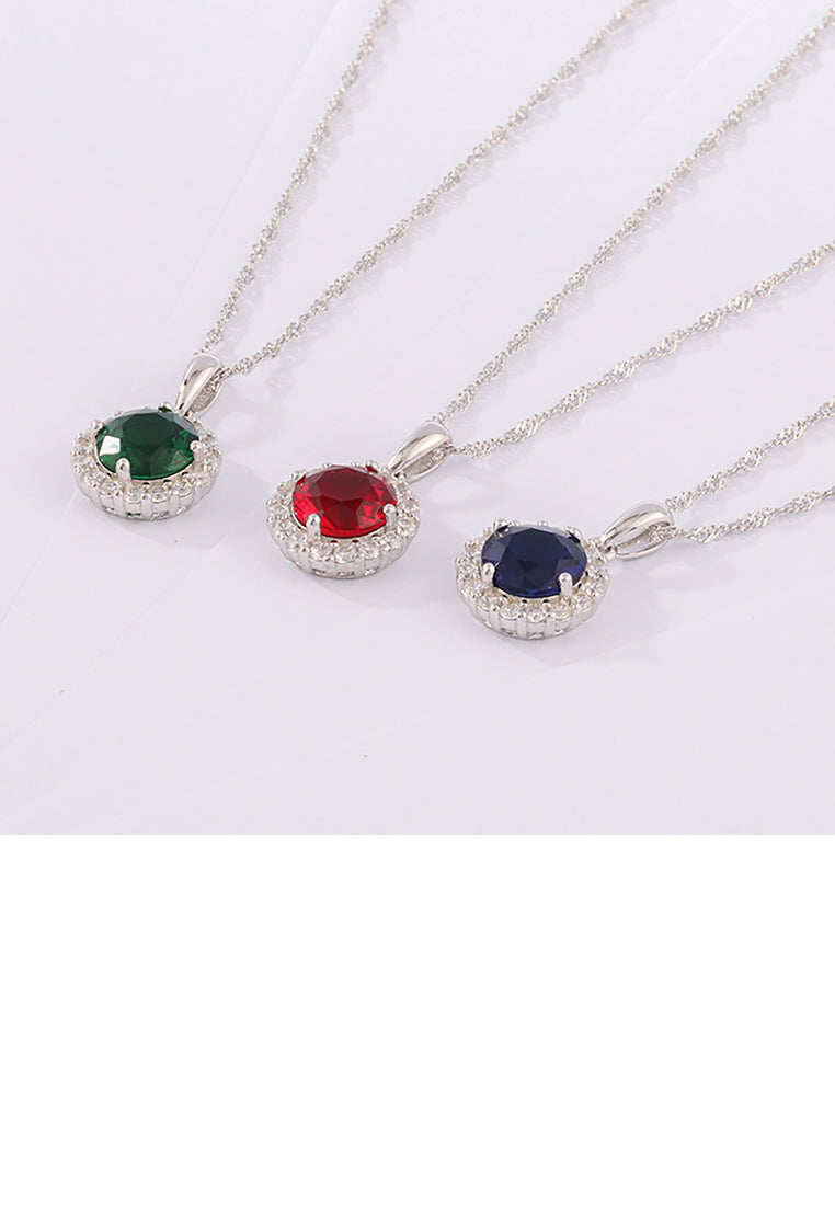 925 Sterling Silver Elegant Bright Geometric Round Pendant with Blue Cubic Zirconia and Necklace - Luxurious Look