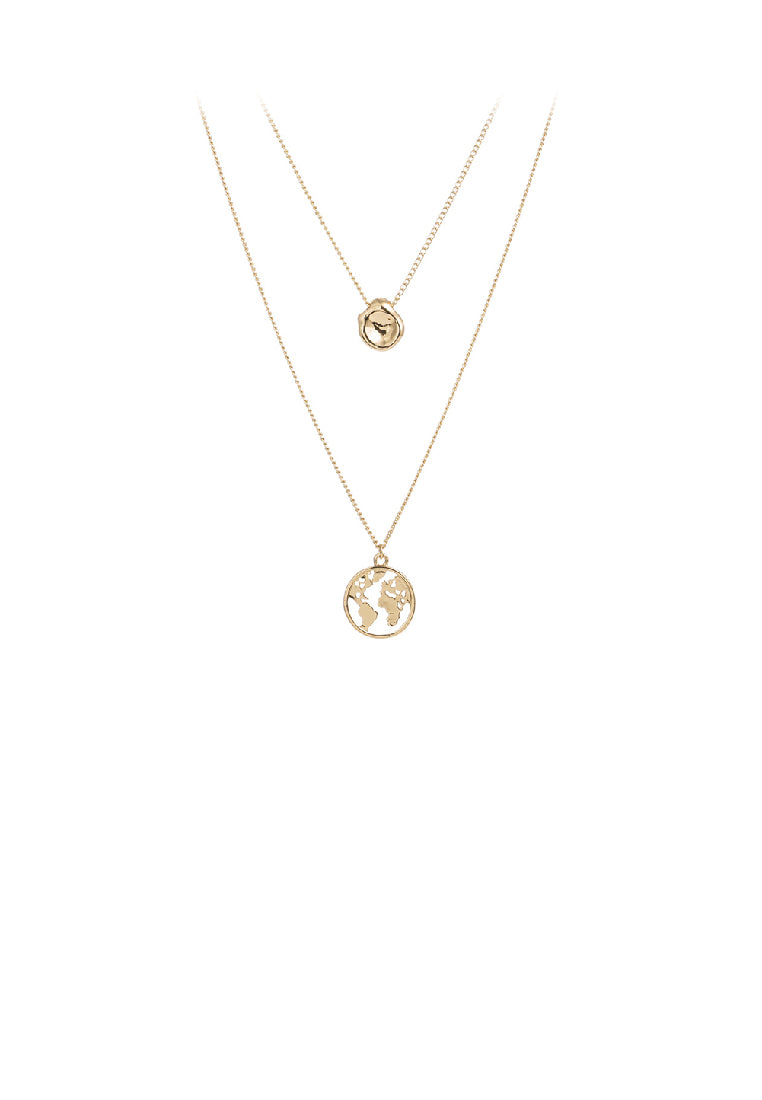 Fashion Simple Plated Gold Hollow Map Geometric Round Pendant with Double Layer Necklace