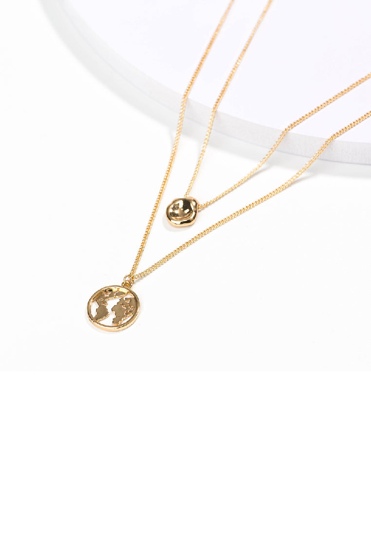 Fashion Simple Plated Gold Hollow Map Geometric Round Pendant with Double Layer Necklace