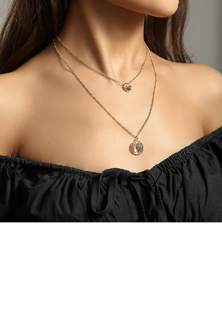Fashion Simple Plated Gold Hollow Map Geometric Round Pendant with Double Layer Necklace