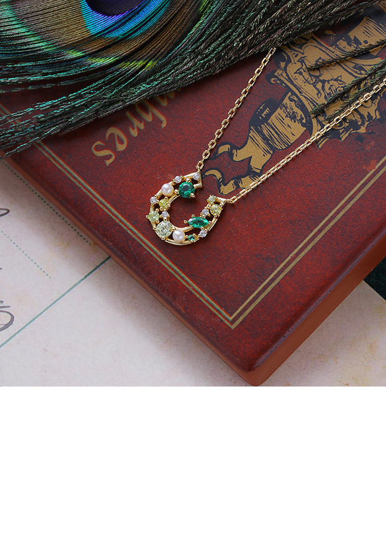 925 Sterling Silver Plated Gold Fashion Simple Horseshoe Pendant with Cubic Zirconia and Necklace - Luxurious Look