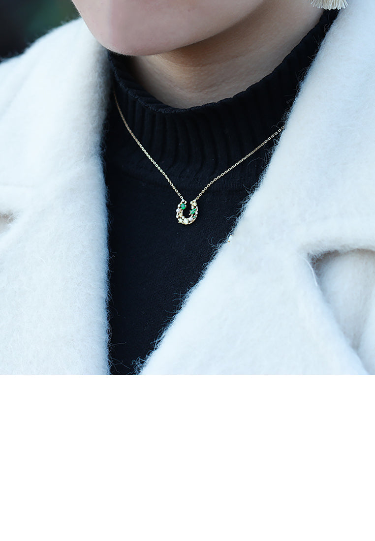 925 Sterling Silver Plated Gold Fashion Simple Horseshoe Pendant with Cubic Zirconia and Necklace - Luxurious Look