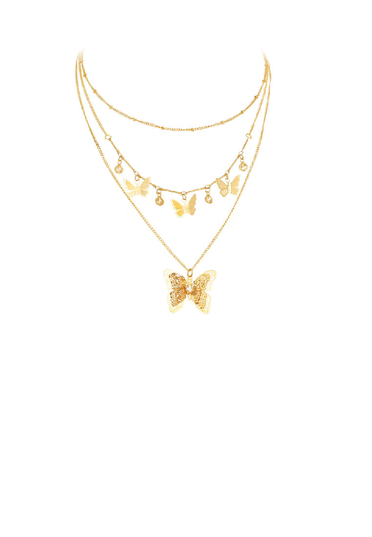 Fashion and Elegant Plated Gold Hollow Butterfly Pendant with Layered Necklace