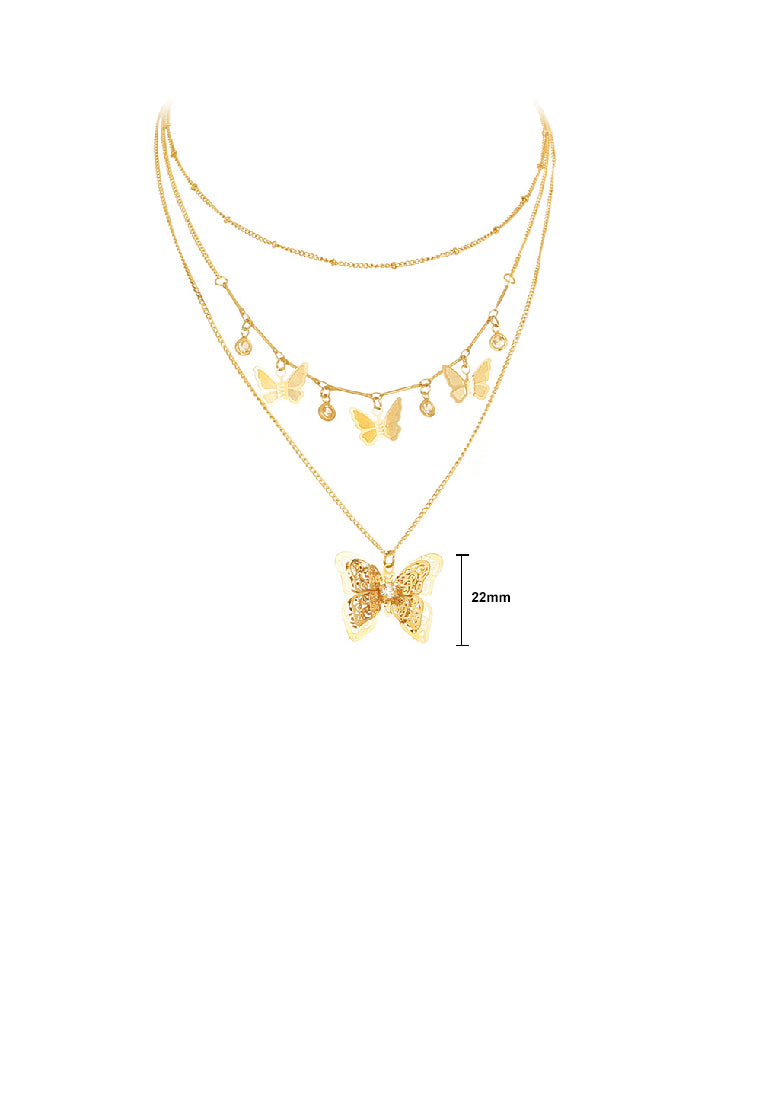Fashion and Elegant Plated Gold Hollow Butterfly Pendant with Layered Necklace
