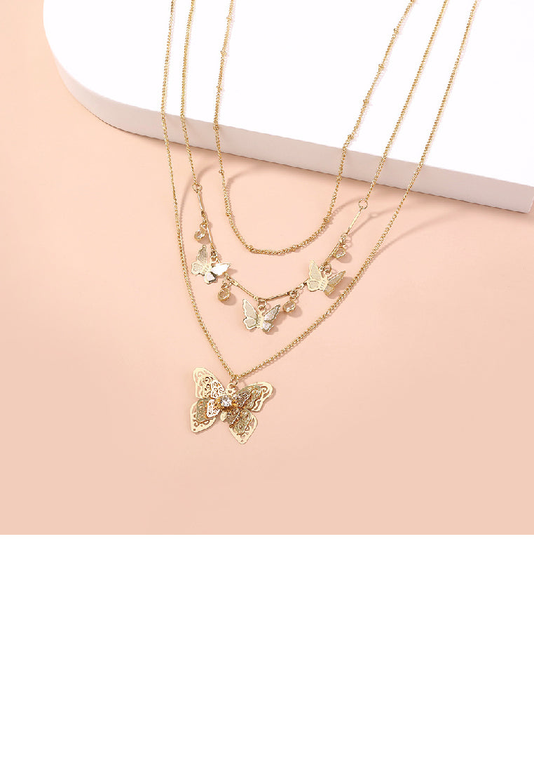 Fashion and Elegant Plated Gold Hollow Butterfly Pendant with Layered Necklace