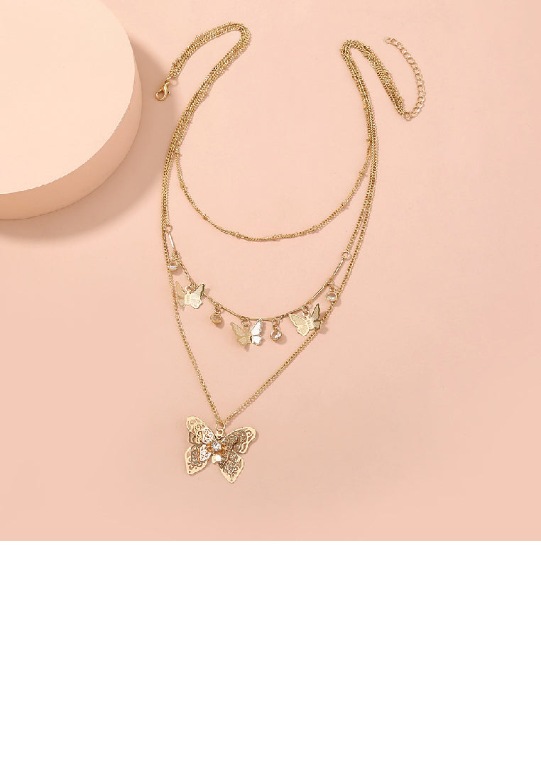 Fashion and Elegant Plated Gold Hollow Butterfly Pendant with Layered Necklace