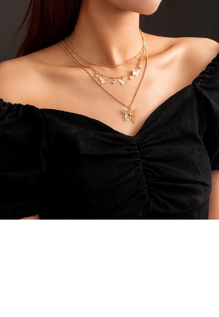 Fashion and Elegant Plated Gold Hollow Butterfly Pendant with Layered Necklace