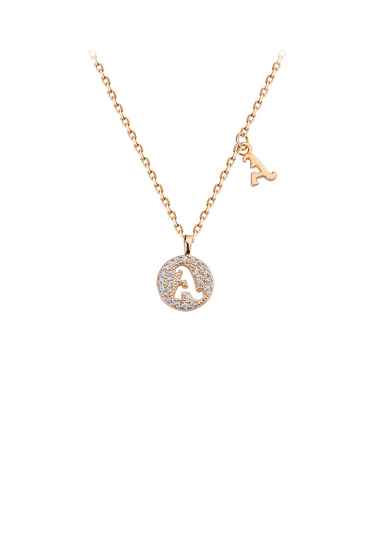 925 Sterling Silver Plated Champagne Gold Fashion Simple Hollow Alphabet A Geometric Round Pendant with Cubic Zirconia and Necklace - Luxurious Look