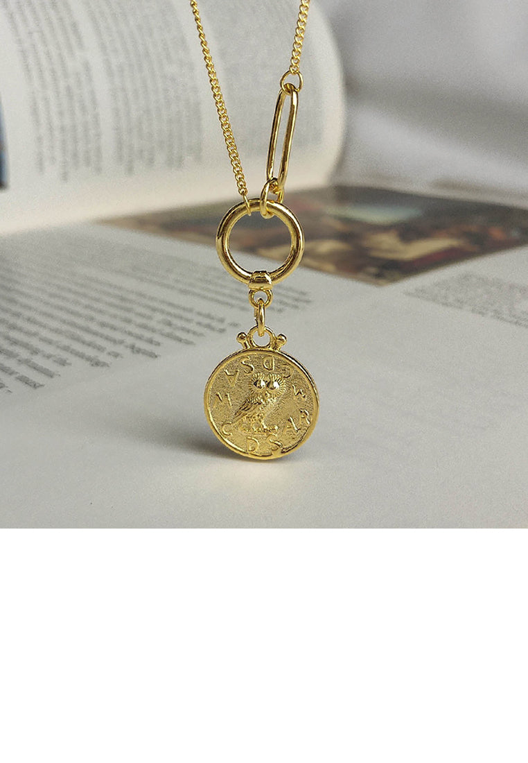 925 Sterling Silver Plated Gold Fashion Simple Owl Geometric Round Pendant with Necklace