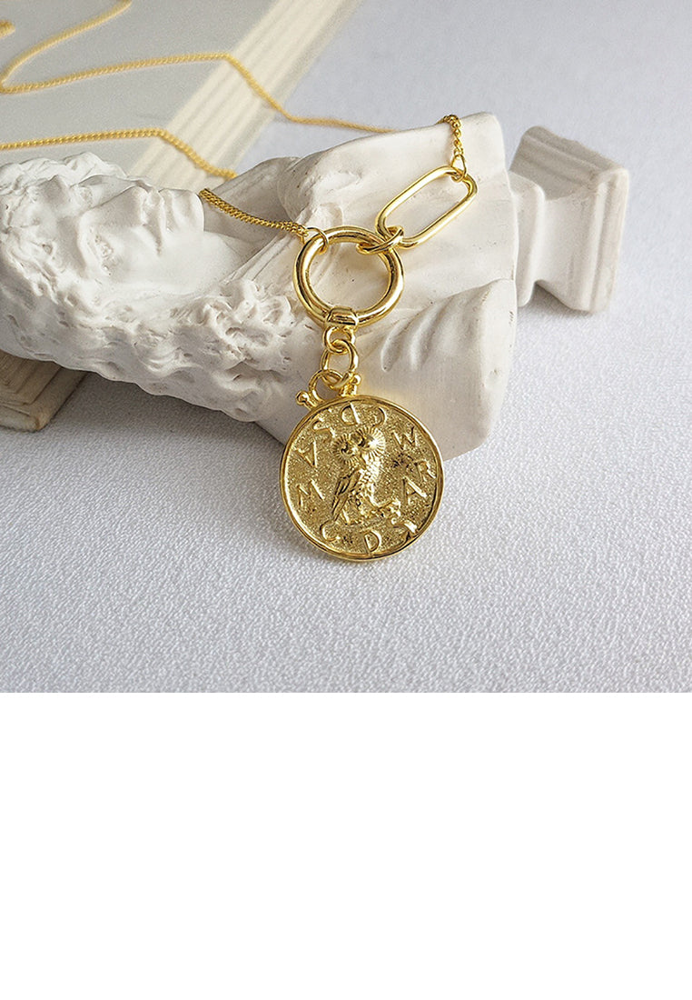 925 Sterling Silver Plated Gold Fashion Simple Owl Geometric Round Pendant with Necklace