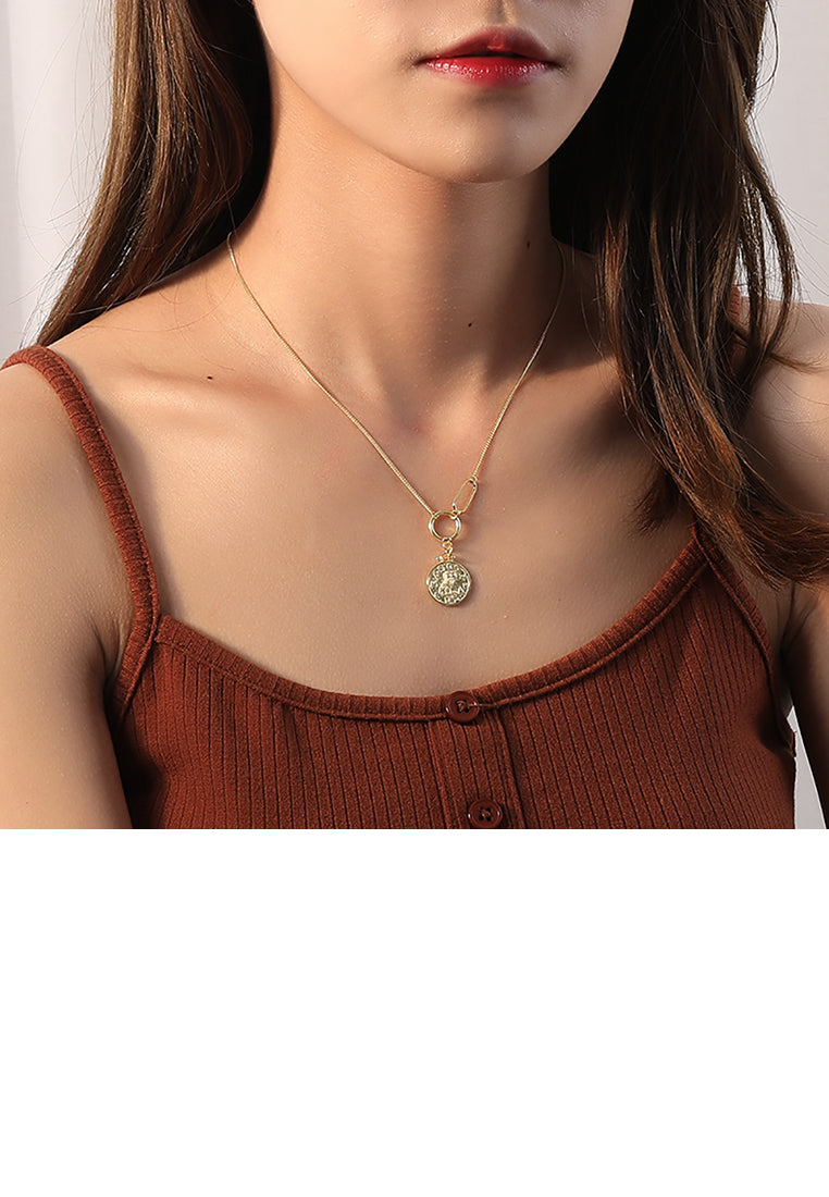 925 Sterling Silver Plated Gold Fashion Simple Owl Geometric Round Pendant with Necklace