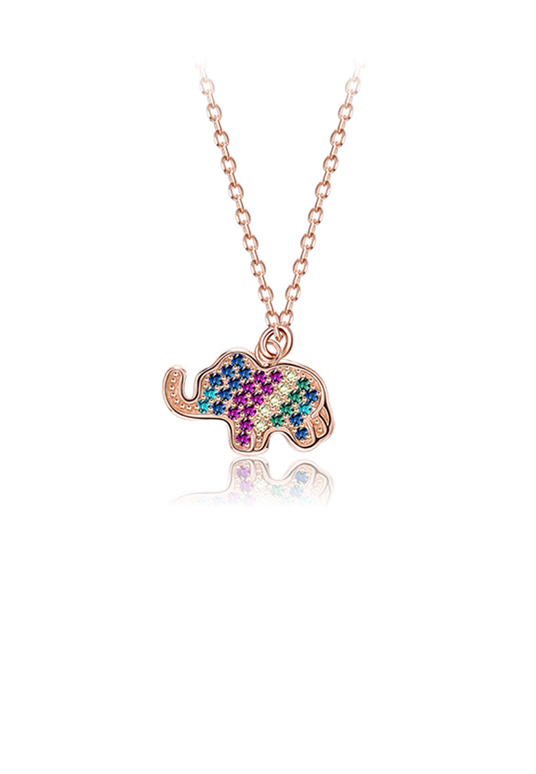 925 Sterling Silver Plated Rose Gold Simple Cute Elephant Pendant with Colorful Cubic Zirconia and Necklace - Luxurious Look