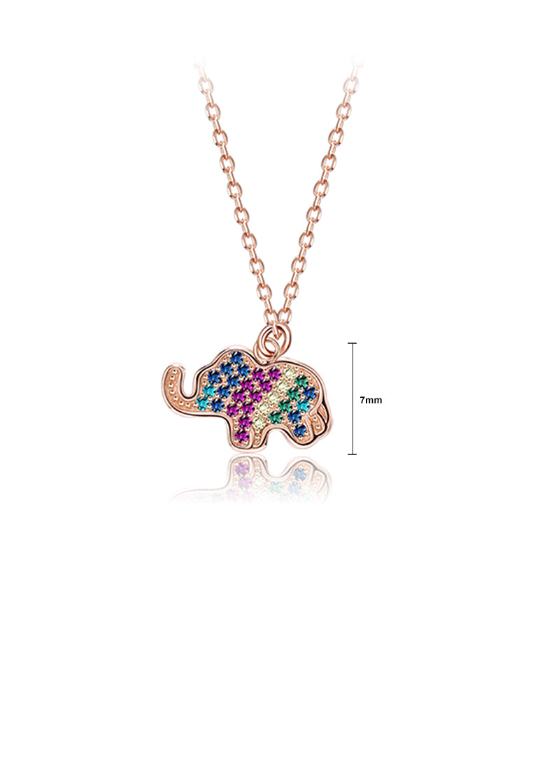 925 Sterling Silver Plated Rose Gold Simple Cute Elephant Pendant with Colorful Cubic Zirconia and Necklace - Luxurious Look
