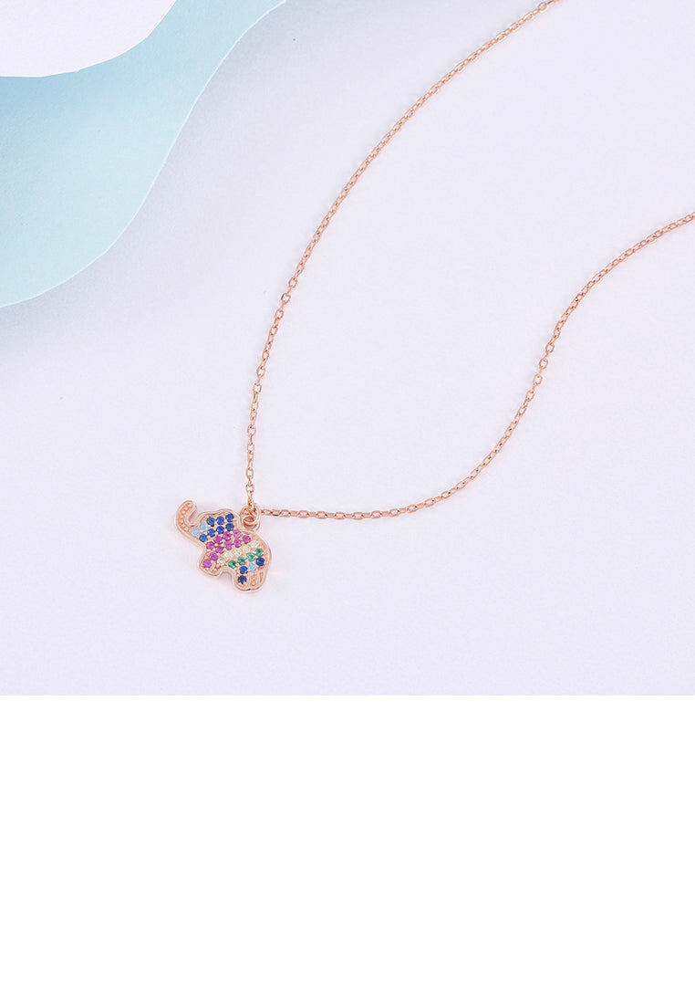 925 Sterling Silver Plated Rose Gold Simple Cute Elephant Pendant with Colorful Cubic Zirconia and Necklace - Luxurious Look