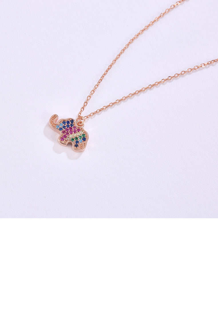 925 Sterling Silver Plated Rose Gold Simple Cute Elephant Pendant with Colorful Cubic Zirconia and Necklace - Luxurious Look