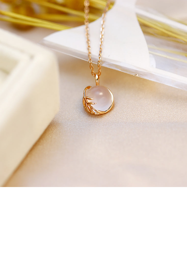 925 Sterling Silver Plated Rose Gold Fashion Simple Leaf Pink Crystal Pendant with Necklace - Vibrant Color