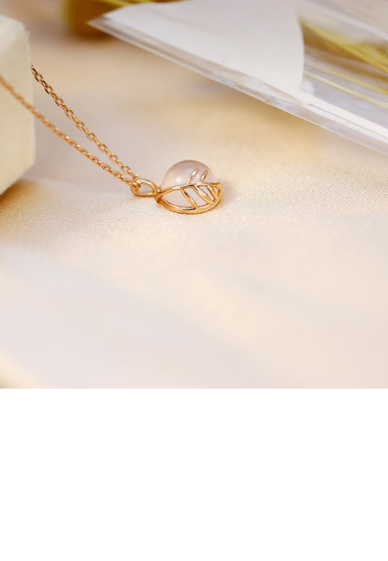 925 Sterling Silver Plated Rose Gold Fashion Simple Leaf Pink Crystal Pendant with Necklace - Vibrant Color