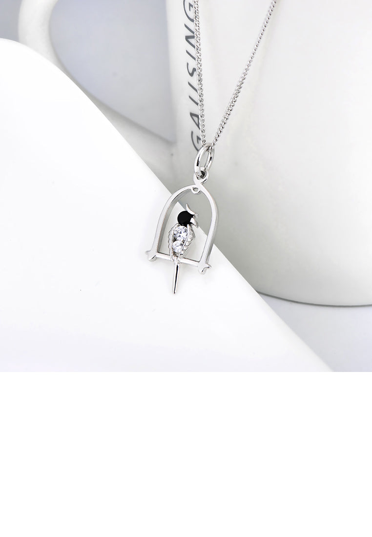925 Sterling Silver Fashion Cute Bird Cage Pendant with Cubic Zirconia and Necklace - Luxurious Look