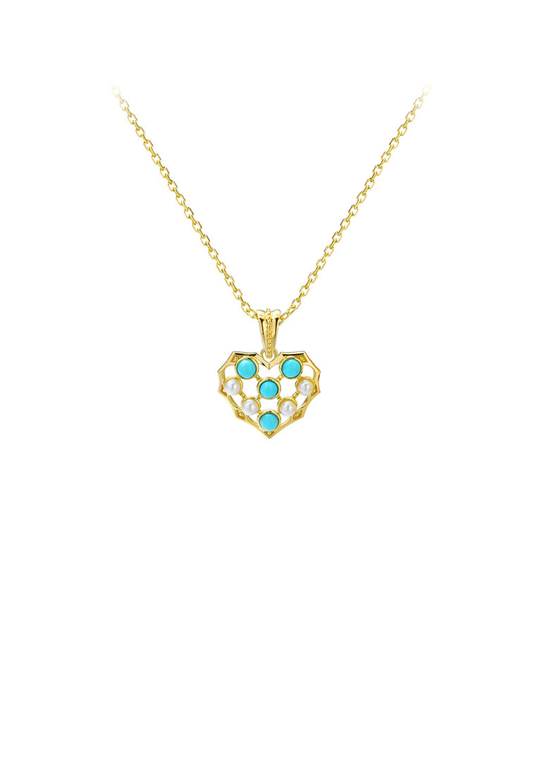 925 Sterling Silver Plated Gold Fashion Simple Heart-shaped Imitation Turquoise Pendant with Necklace