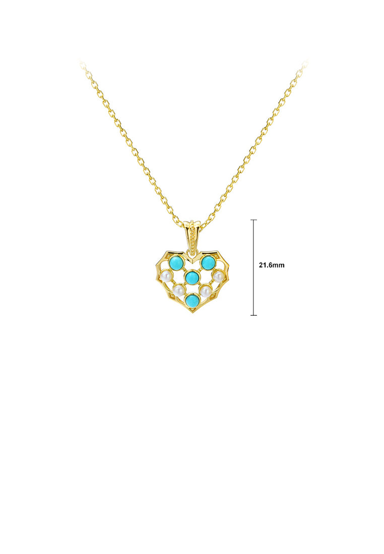 925 Sterling Silver Plated Gold Fashion Simple Heart-shaped Imitation Turquoise Pendant with Necklace