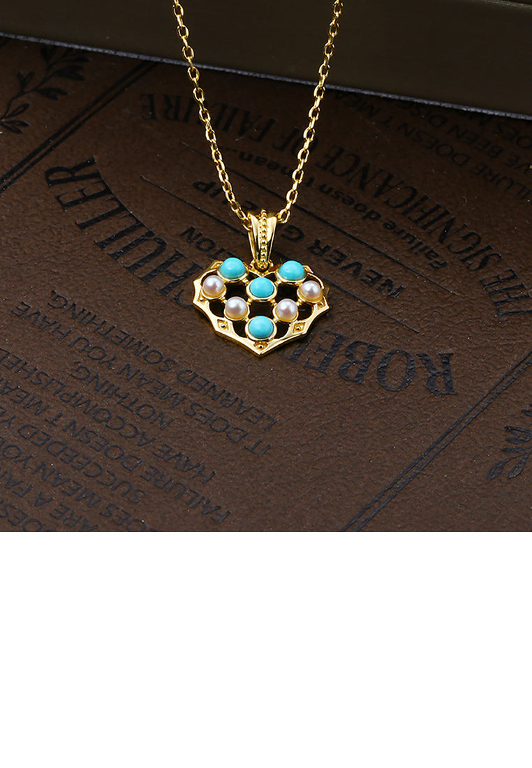 925 Sterling Silver Plated Gold Fashion Simple Heart-shaped Imitation Turquoise Pendant with Necklace