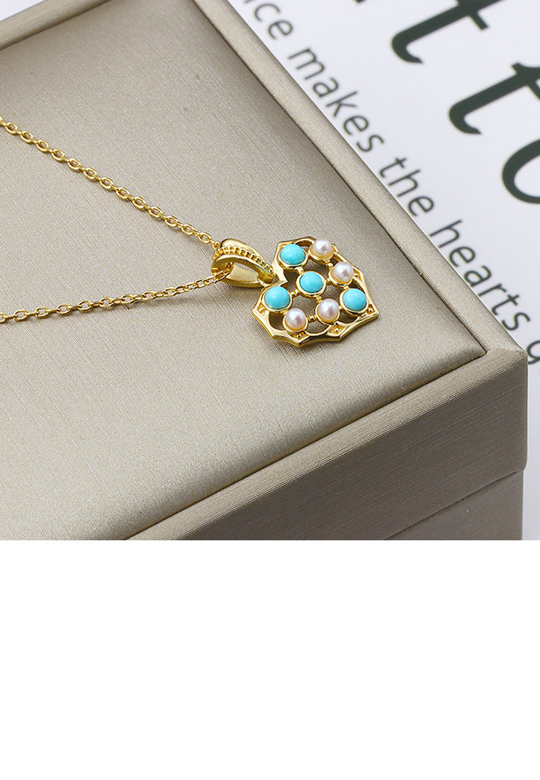 925 Sterling Silver Plated Gold Fashion Simple Heart-shaped Imitation Turquoise Pendant with Necklace