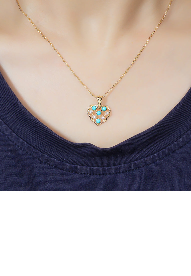 925 Sterling Silver Plated Gold Fashion Simple Heart-shaped Imitation Turquoise Pendant with Necklace