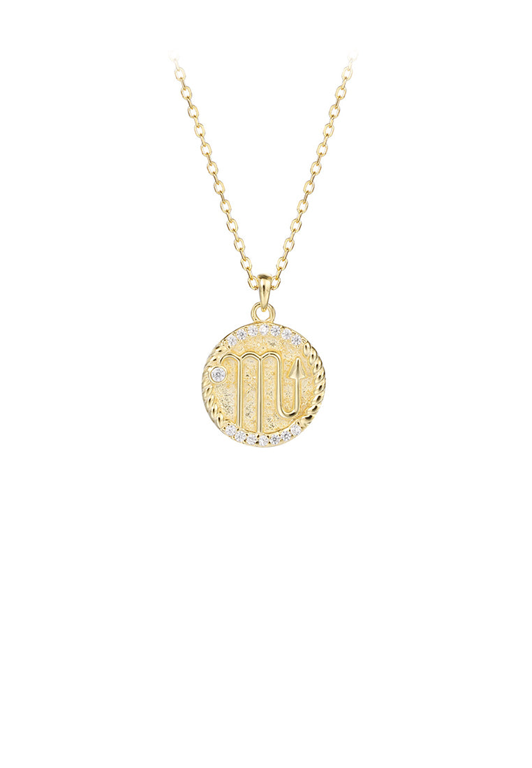 925 Sterling Silver Plated Gold Fashion Simple Twelve Constellation Scorpio Geometric Round Pendant with Cubic Zirconia and Necklace - Luxurious Look