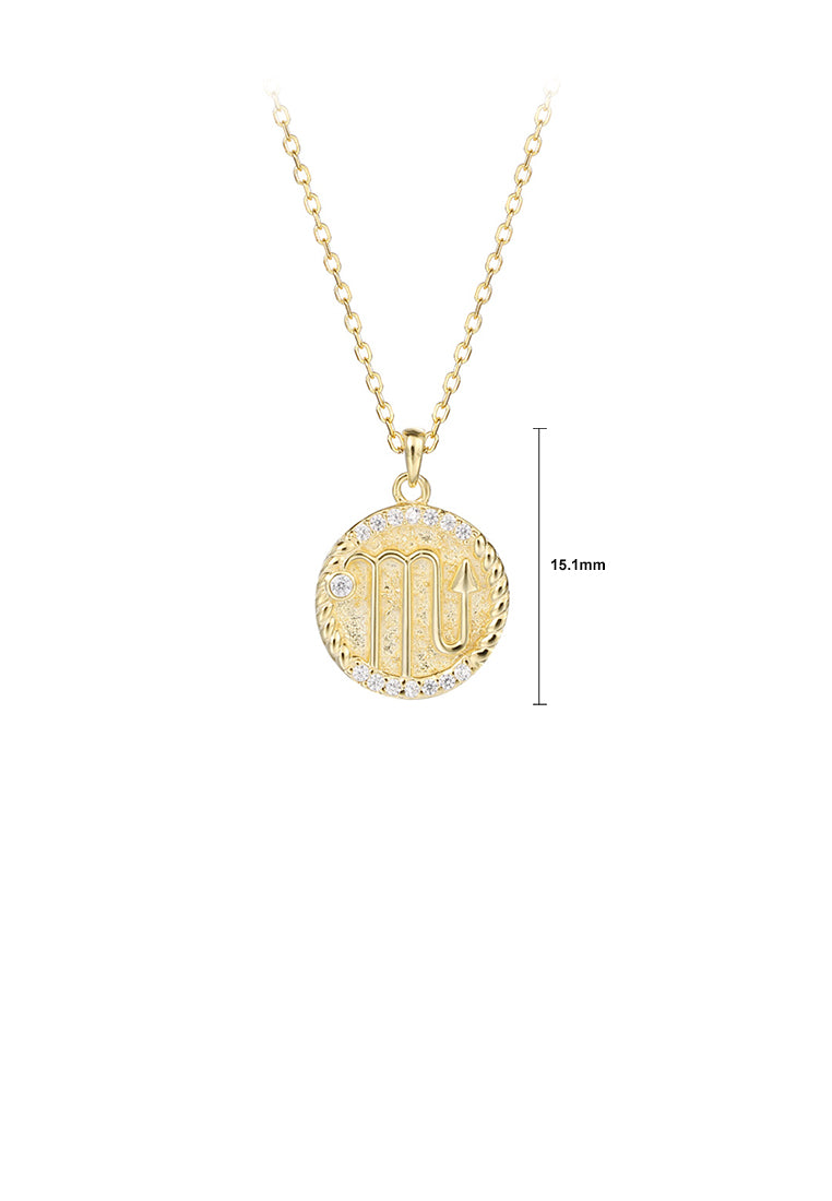 925 Sterling Silver Plated Gold Fashion Simple Twelve Constellation Scorpio Geometric Round Pendant with Cubic Zirconia and Necklace - Luxurious Look