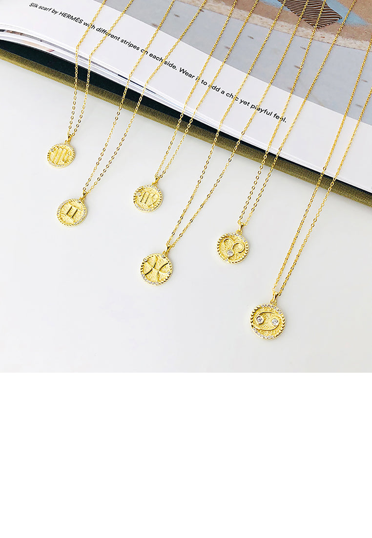925 Sterling Silver Plated Gold Fashion Simple Twelve Constellation Scorpio Geometric Round Pendant with Cubic Zirconia and Necklace - Luxurious Look