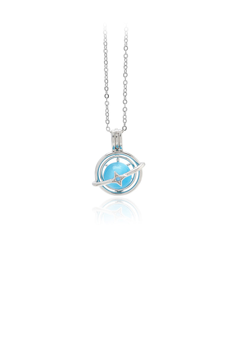 925 Sterling Silver Fashion Simple Geometric Planet Blue Opal Pendant with Necklace