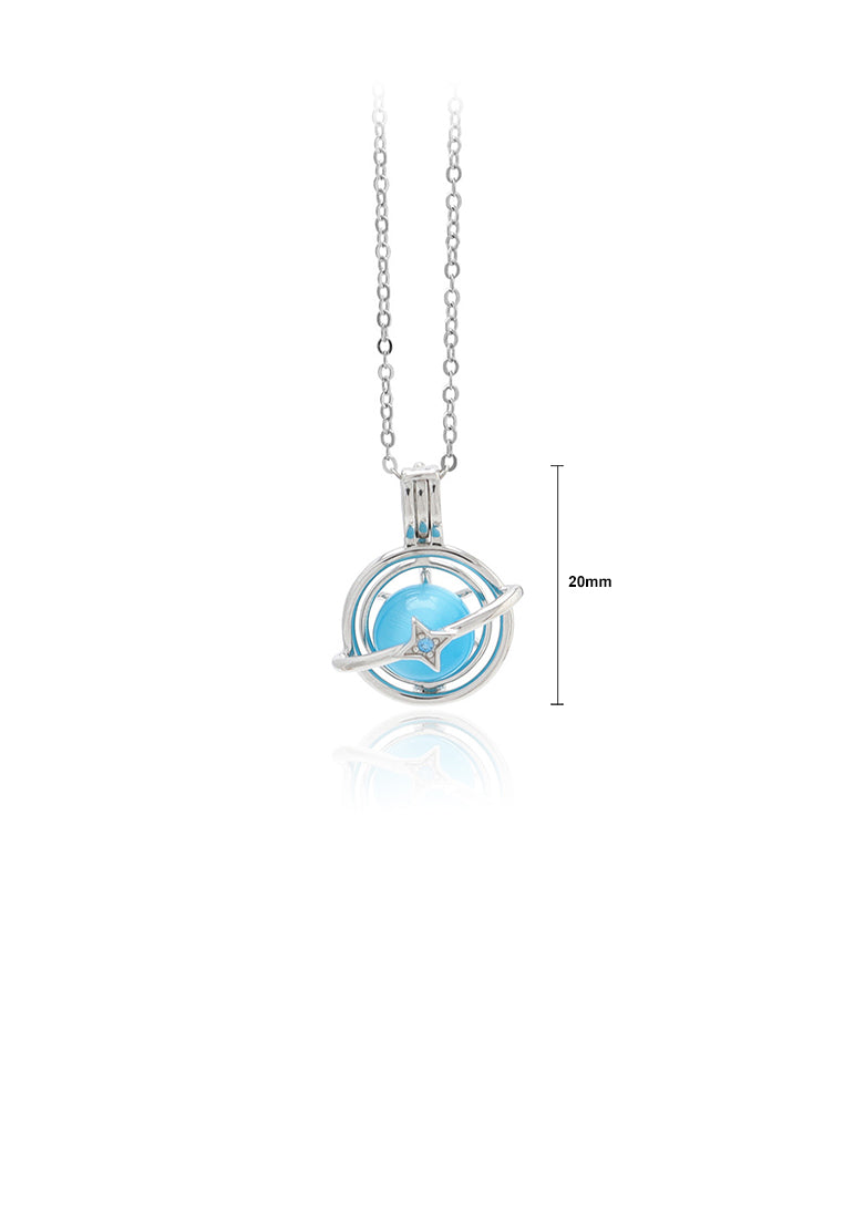 925 Sterling Silver Fashion Simple Geometric Planet Blue Opal Pendant with Necklace
