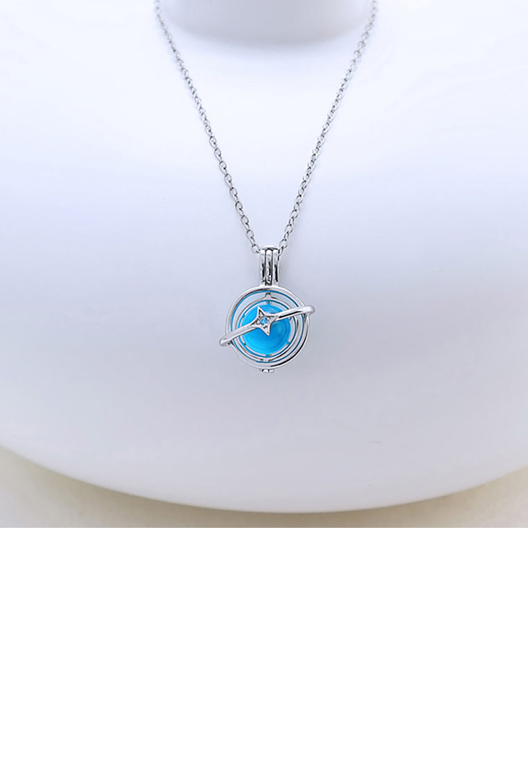 925 Sterling Silver Fashion Simple Geometric Planet Blue Opal Pendant with Necklace