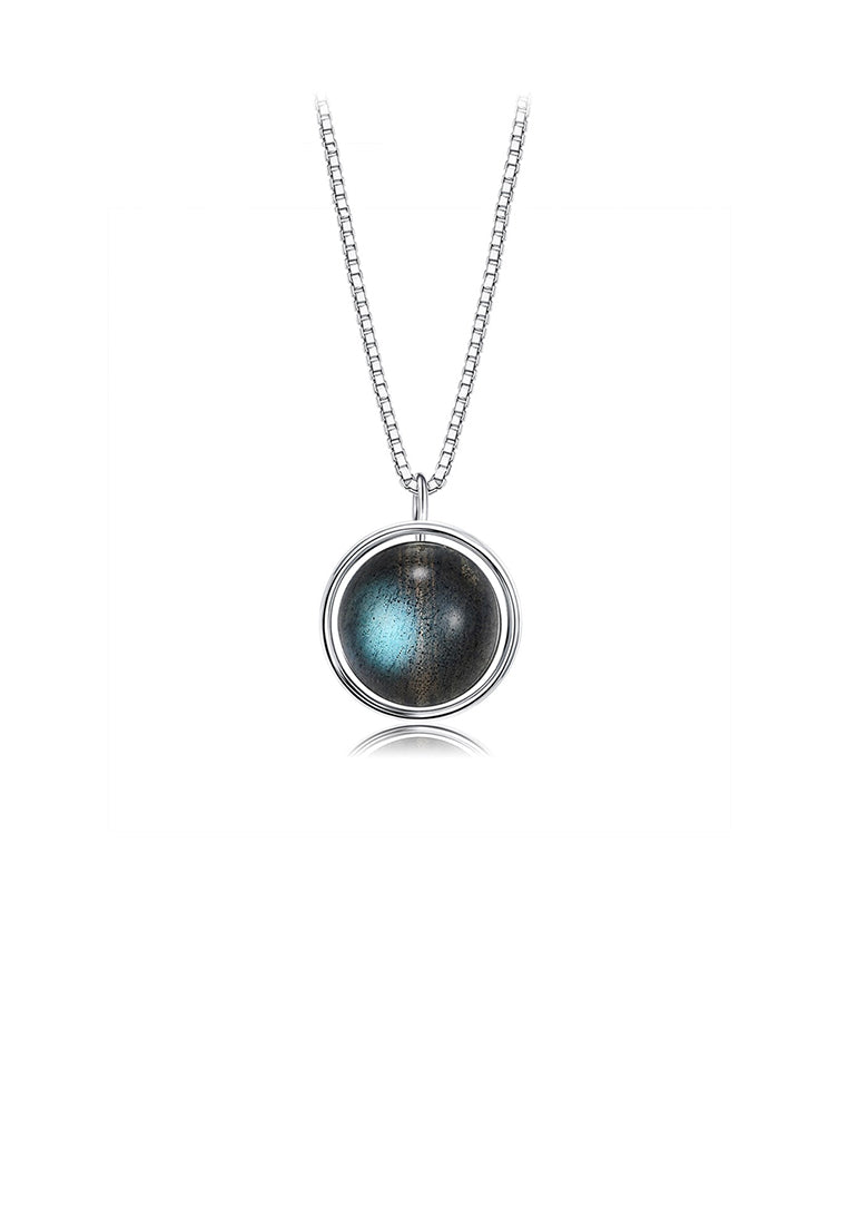 925 Sterling Silver Fashion Simple Geometric Round Bead Imitation Moonstone Pendant with Necklace