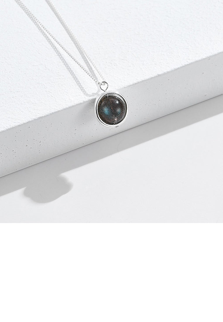 925 Sterling Silver Fashion Simple Geometric Round Bead Imitation Moonstone Pendant with Necklace