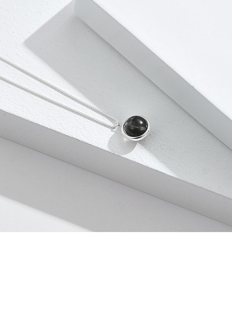 925 Sterling Silver Fashion Simple Geometric Round Bead Imitation Moonstone Pendant with Necklace