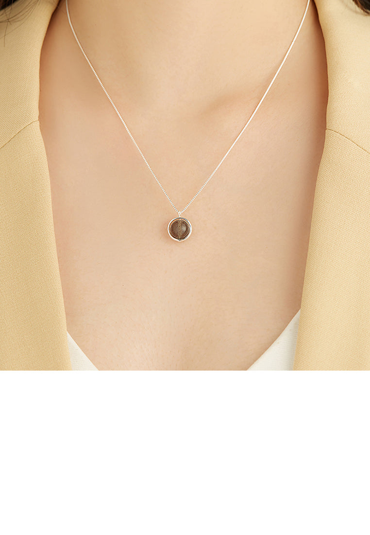 925 Sterling Silver Fashion Simple Geometric Round Bead Imitation Moonstone Pendant with Necklace