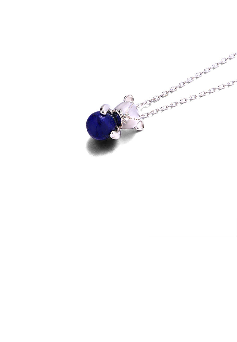 925 Sterling Silver Simple Cute Bear Lapis Lazuli Pendant with Necklace