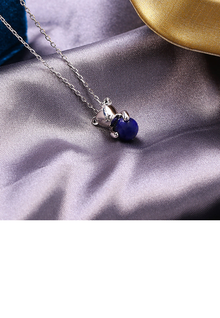 925 Sterling Silver Simple Cute Bear Lapis Lazuli Pendant with Necklace