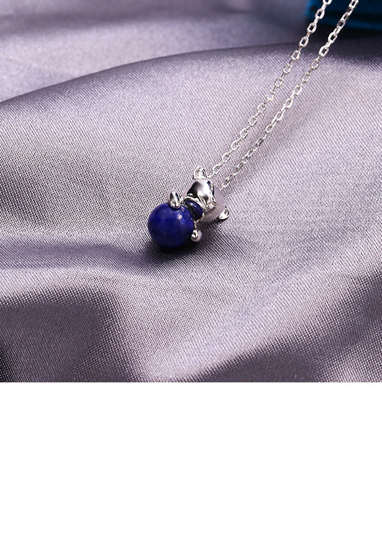 925 Sterling Silver Simple Cute Bear Lapis Lazuli Pendant with Necklace
