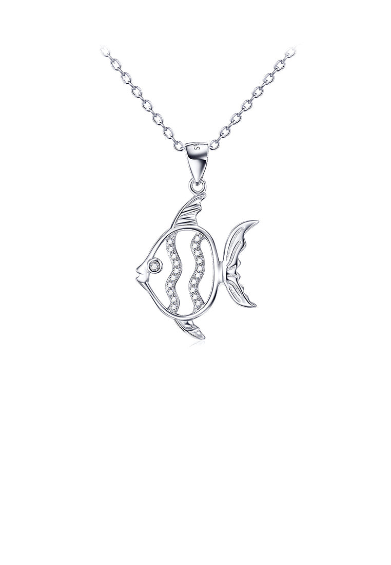 925 Sterling Silver Fashion Cute Hollow Fish Pendant with Cubic Zirconia and Necklace - Luxurious Look