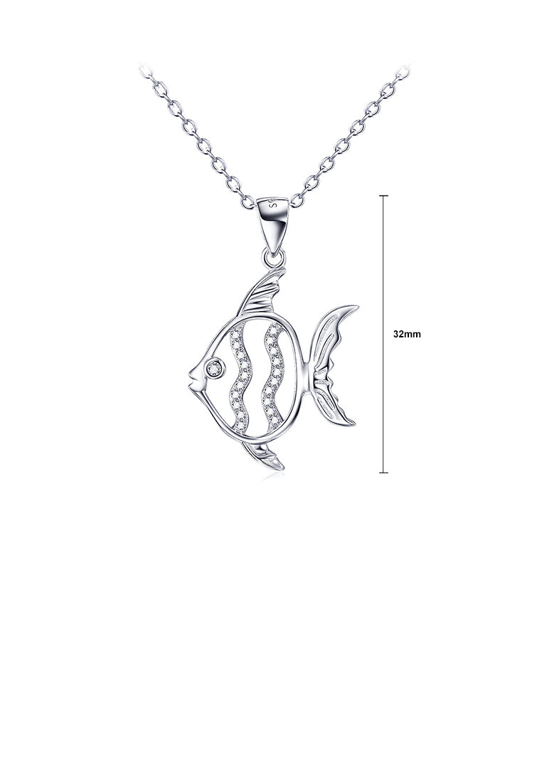 925 Sterling Silver Fashion Cute Hollow Fish Pendant with Cubic Zirconia and Necklace - Luxurious Look