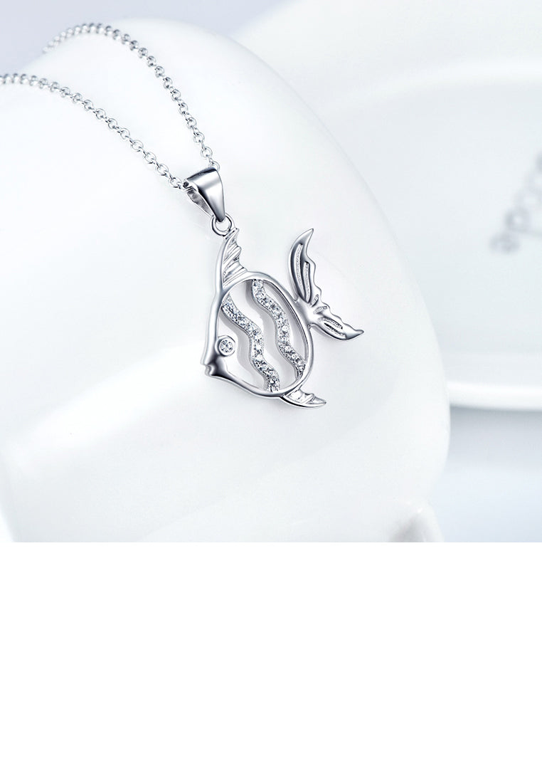 925 Sterling Silver Fashion Cute Hollow Fish Pendant with Cubic Zirconia and Necklace - Luxurious Look