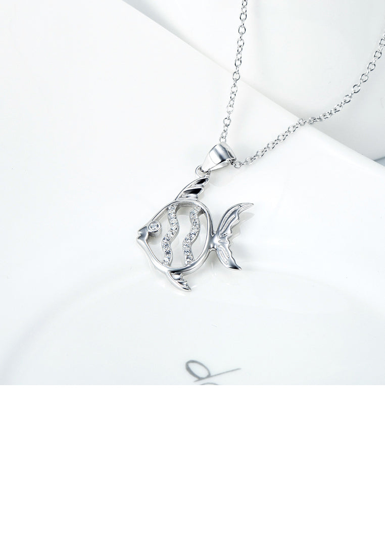 925 Sterling Silver Fashion Cute Hollow Fish Pendant with Cubic Zirconia and Necklace - Luxurious Look