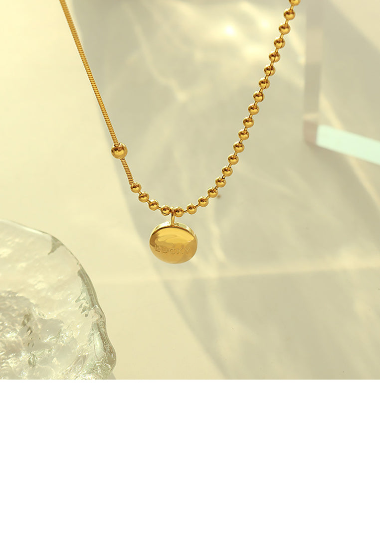 Simple Fashion Plated Gold 316L Stainless Steel Lucky Geometric Round Pendant with Necklace